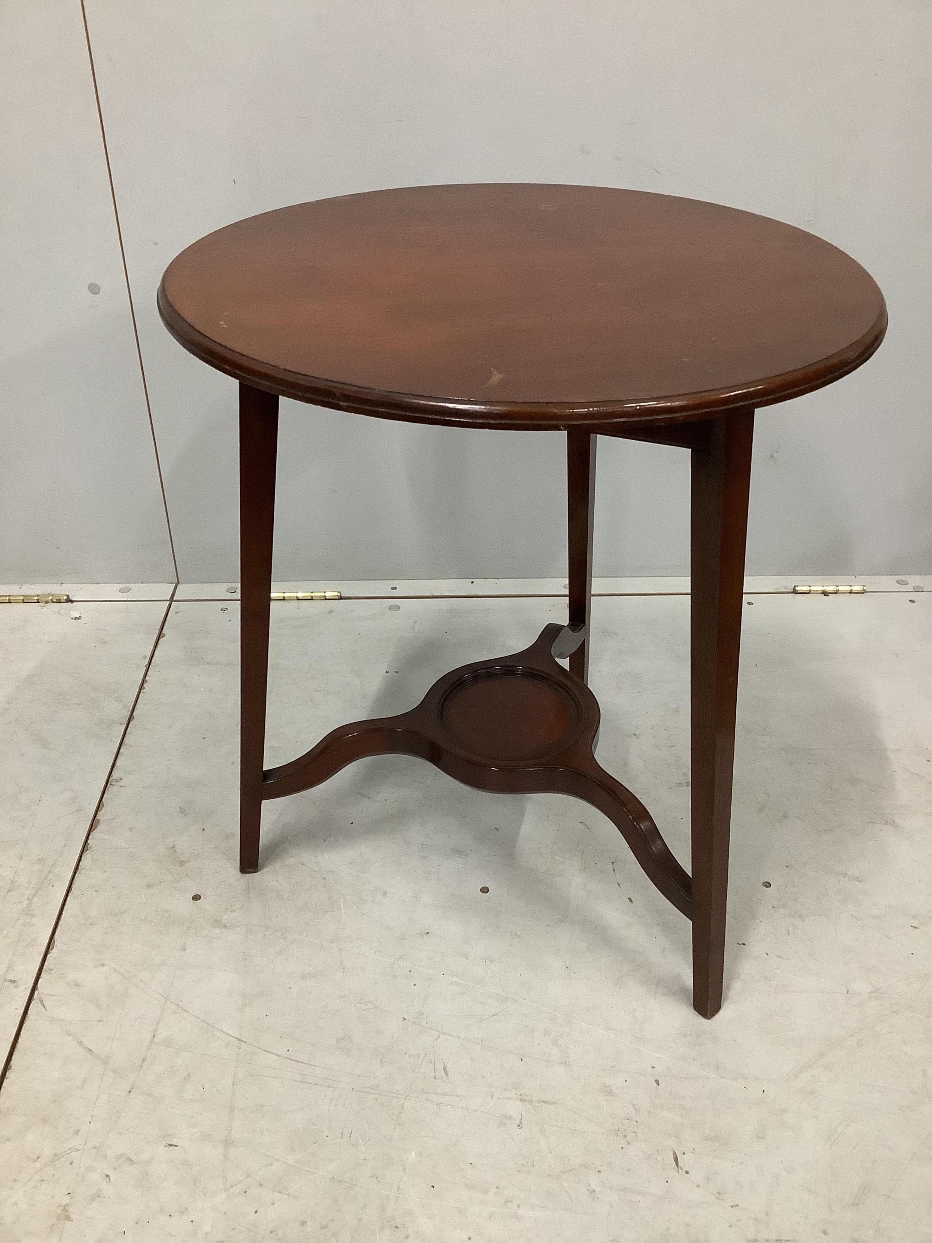 A 19th century pine stool with simulated painted grain together with an Edwardian two tier circular occasional table and one other two tier table. Condition - poor to fair